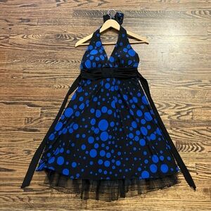 Y2K Black and Blue Polka Dot Halter Dress
